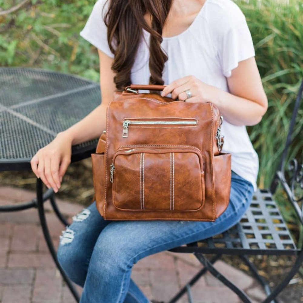 SOFT BROWN FAUX LEATHER BACKPACK STYLE BAG